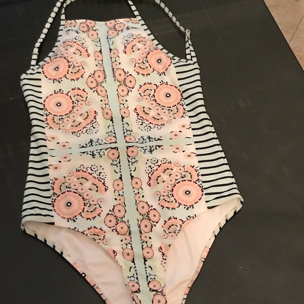 Multi-colored one piece bathing suit.